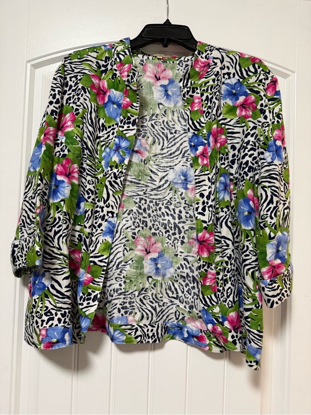 Choices 100% Linen Animal Print Floral Open Front Cardigan